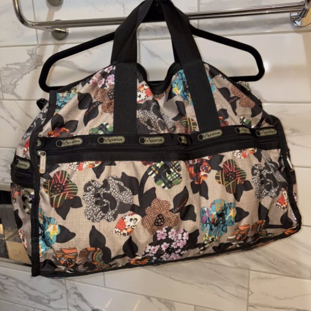 LeSportSac Large Duffle Bag Brown Multi Flower Print Softshell Weekender - Picture 2 of 6